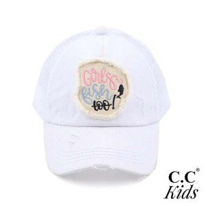 Distressed Embroidered Girls Fish Too! Patch Pony Cap For Kids